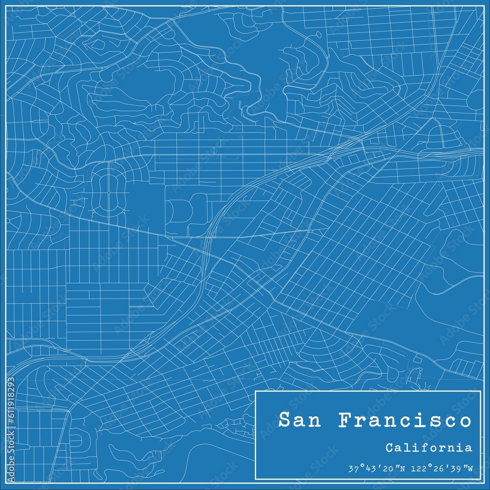 Blueprint US city map of San Francisco, California.