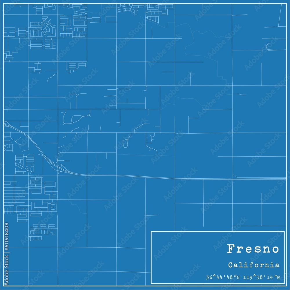 Blueprint US city map of Fresno, California.