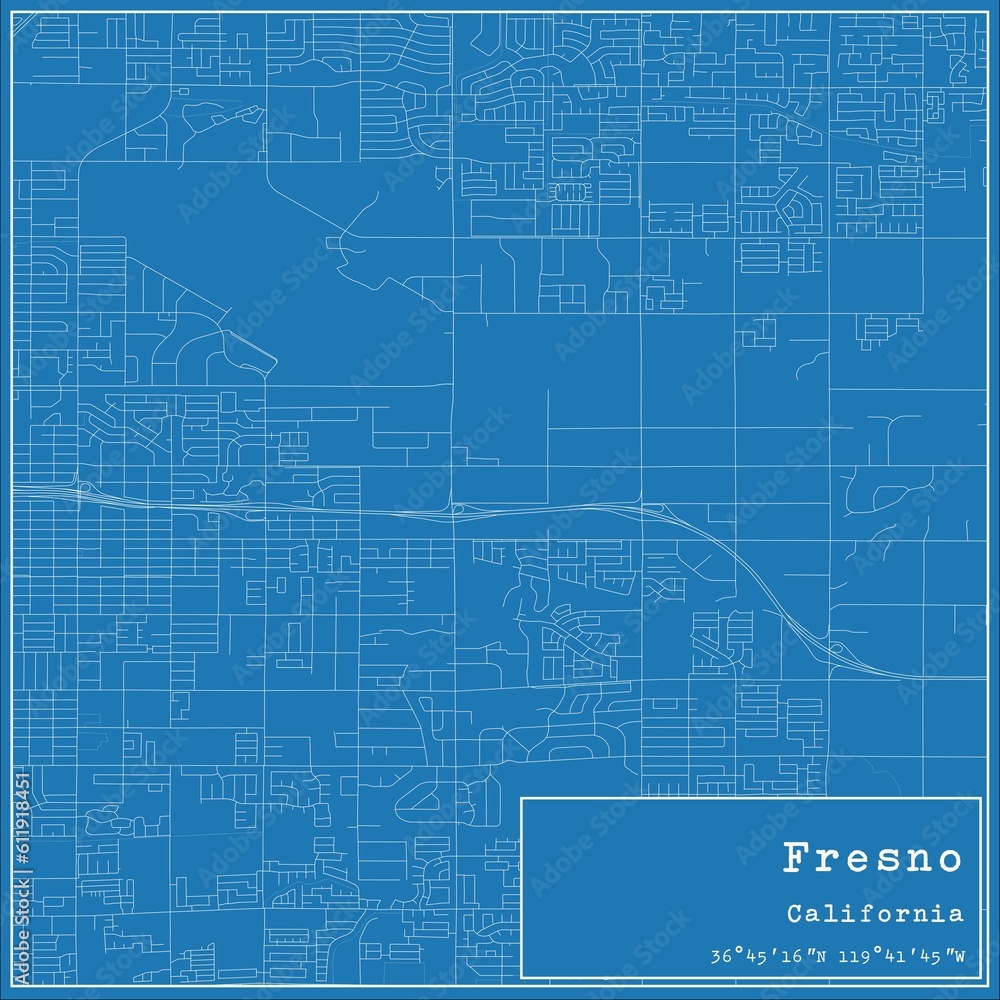 Blueprint US city map of Fresno, California. Blueprint US city map of Fresno, California.