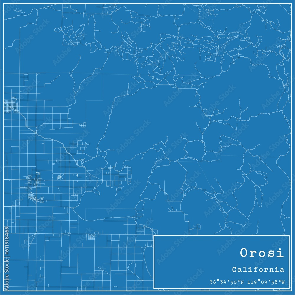 Blueprint US city map of Orosi, California.