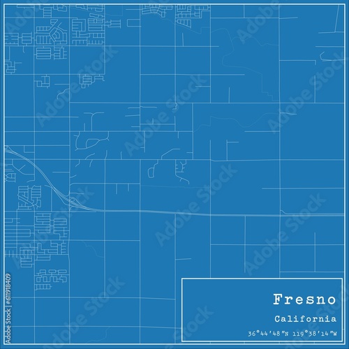 Blueprint US city map of Fresno, California.