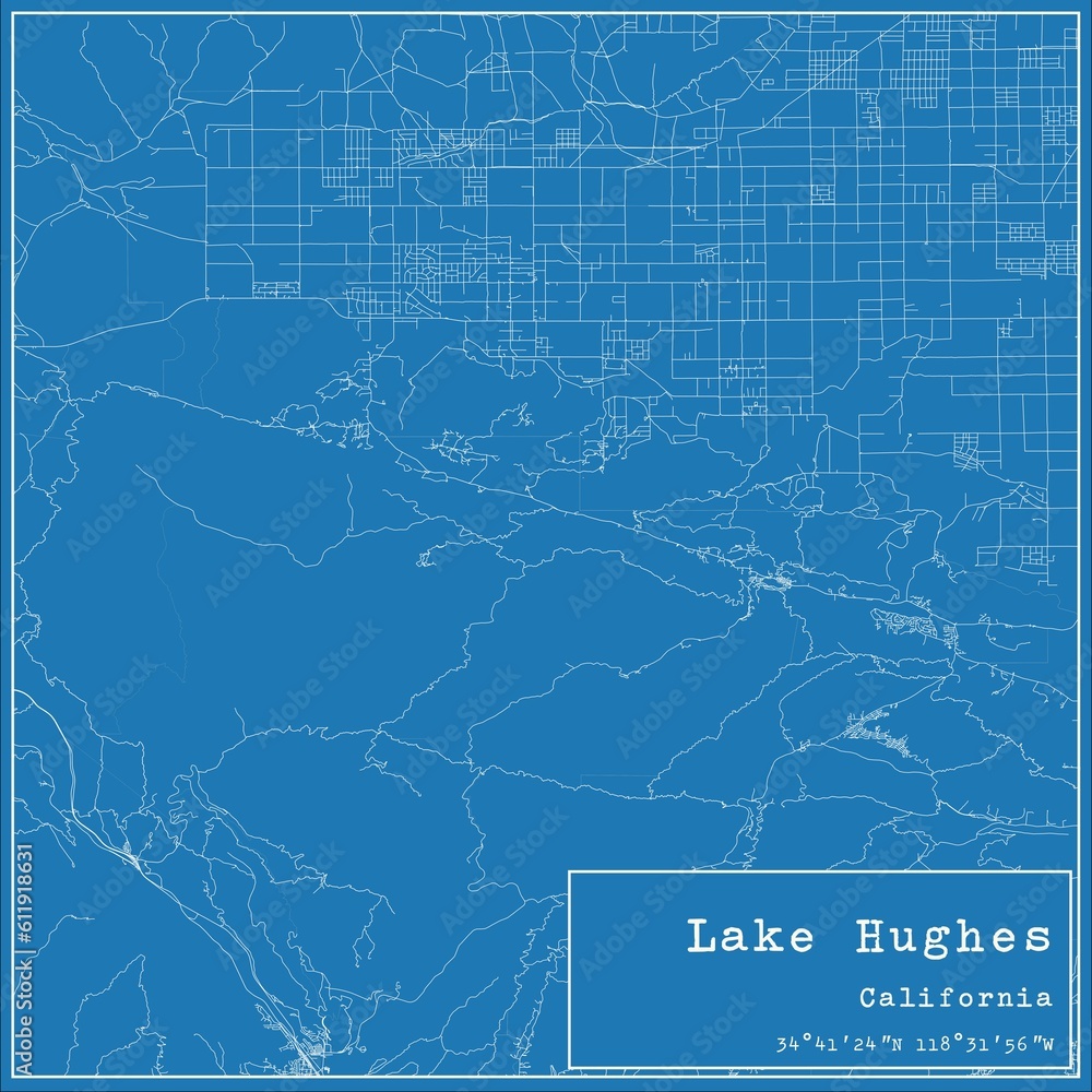 Blueprint US city map of Lake Hughes, California.