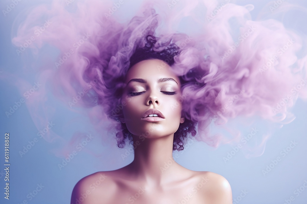 Young woman surrounded by a purple pink cloud of smoke on isolated pastel blue background. Abstract fashion concept. Close-up portrait of top model. Image generated by artificial intelligence. - obrazy, fototapety, plakaty 