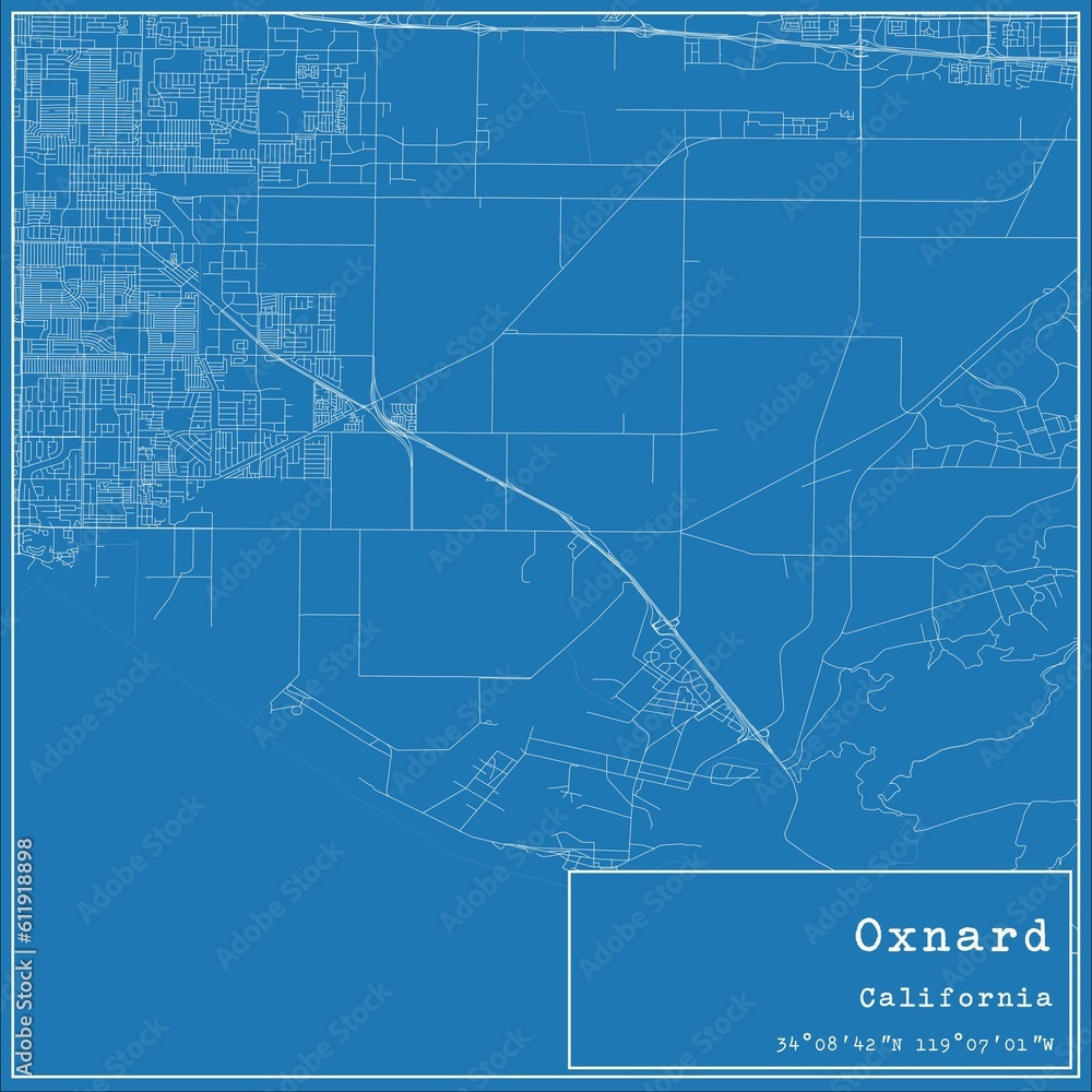 Blueprint US city map of Oxnard, California.