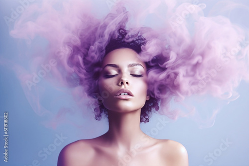 Young woman surrounded by a purple pink cloud of smoke on isolated pastel blue background. Abstract fashion concept. Close-up portrait of top model. Image generated by artificial intelligence. photo