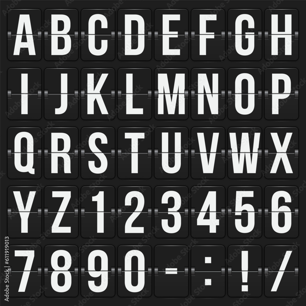 Set of letters and numbers on a mechanical scoreboard. Vector template for your design. Set of letters and numbers on a mechanical scoreboard. Vector template for your design.