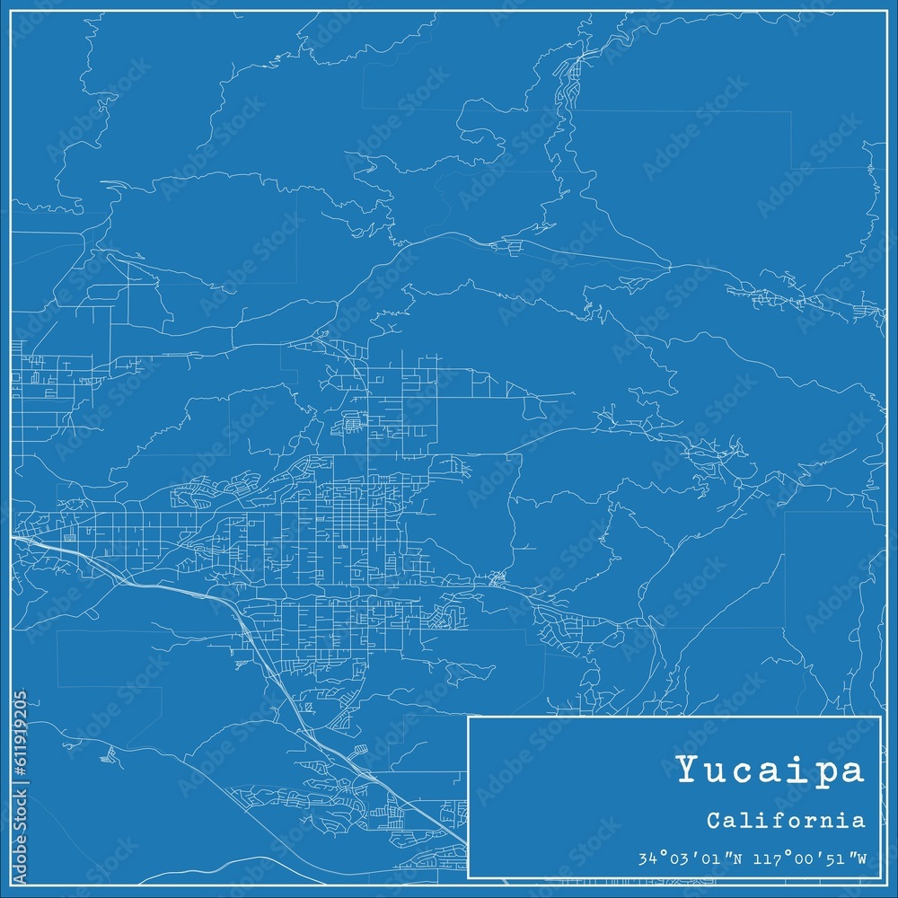 Blueprint US city map of Yucaipa, California.