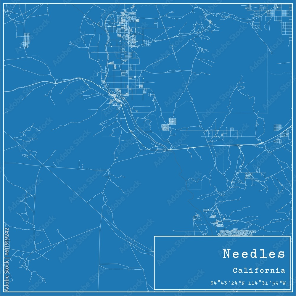 Blueprint US city map of Needles, California.