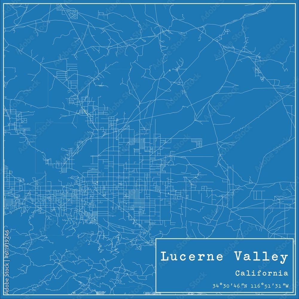 Blueprint US city map of Lucerne Valley, California.