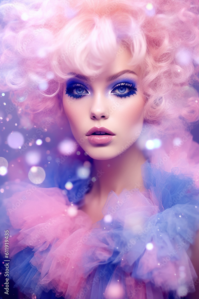 A woman with a pink wig and blue eyes. Generative AI.