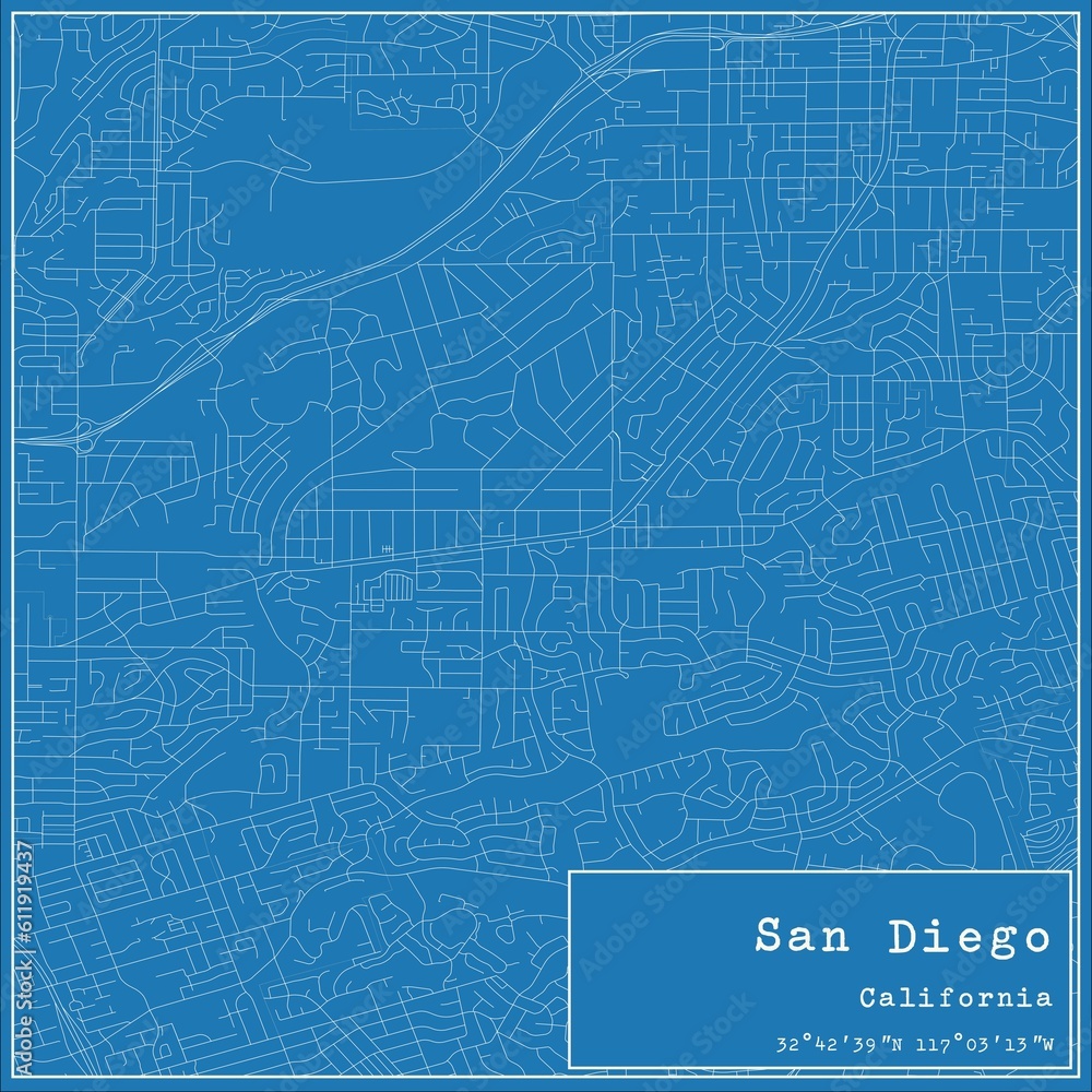 Blueprint US city map of San Diego, California.