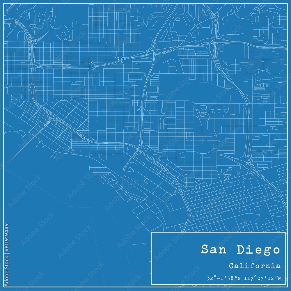 Blueprint US city map of San Diego, California.