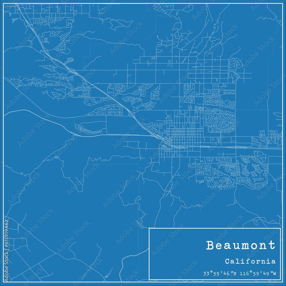Blueprint US city map of Beaumont, California.