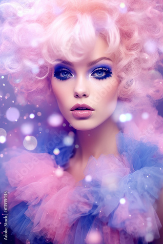 A woman with a pink wig and blue eyes. Generative AI.