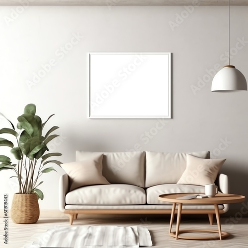 blank frame mockup on the wall in the cozy living room © fledermausstudio