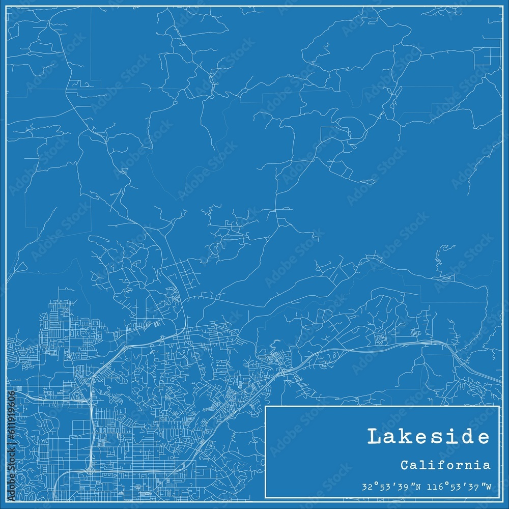 Blueprint US city map of Lakeside, California.