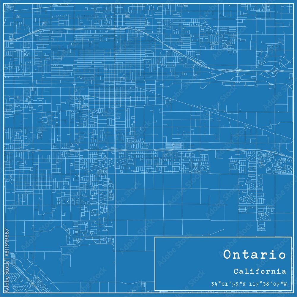 Blueprint US city map of Ontario, California.