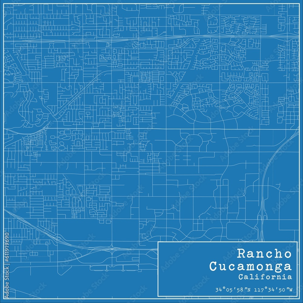Fototapeta premium Blueprint US city map of Rancho Cucamonga, California.