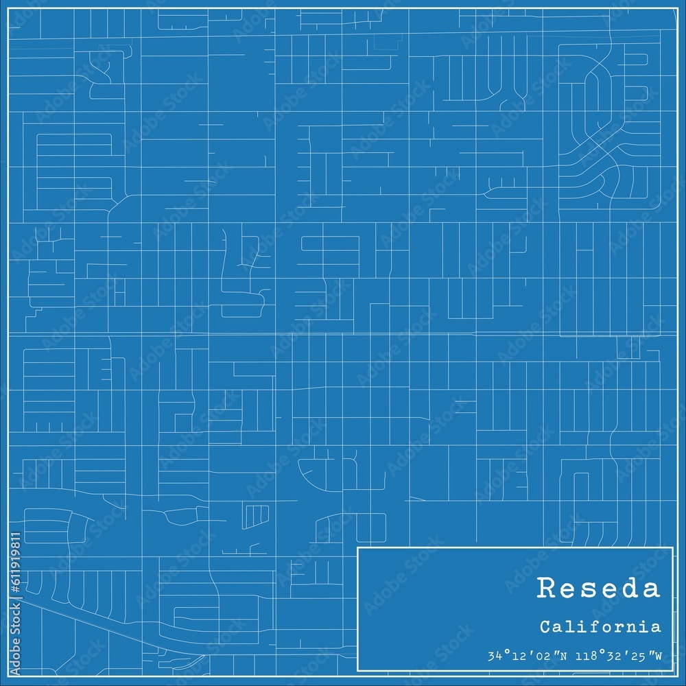 Blueprint US city map of Reseda, California.