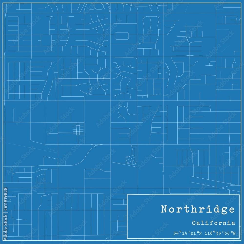 Blueprint US city map of Northridge, California.