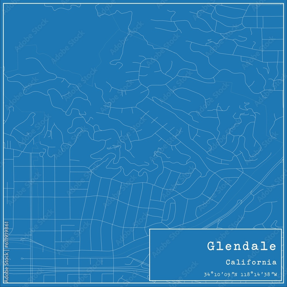 Blueprint US city map of Glendale, California.