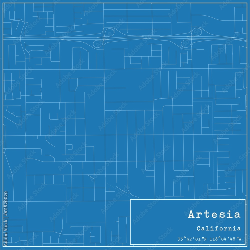 Blueprint US city map of Artesia, California.