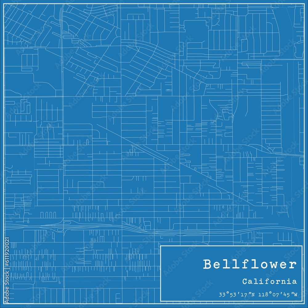 Blueprint US city map of Bellflower, California.