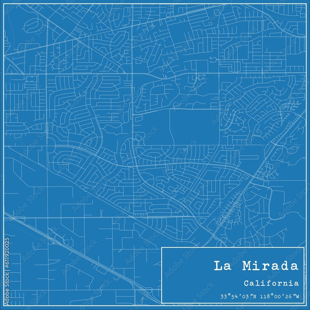 Blueprint US city map of La Mirada, California.