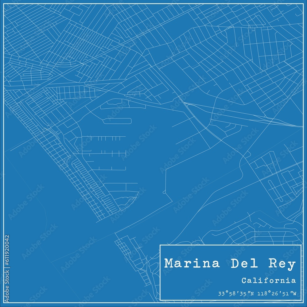 Blueprint US city map of Marina Del Rey, California.