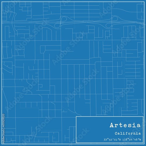 Blueprint US city map of Artesia, California.