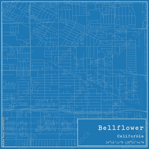 Blueprint US city map of Bellflower, California.