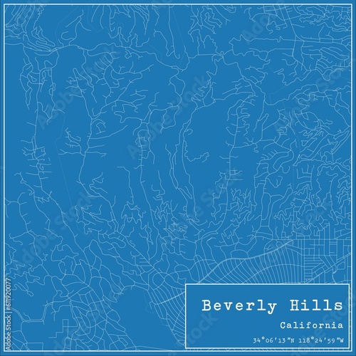 Blueprint US city map of Beverly Hills, California.