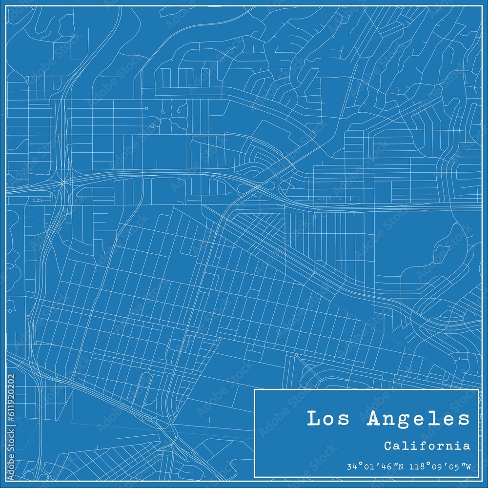 Blueprint US city map of Los Angeles, California.