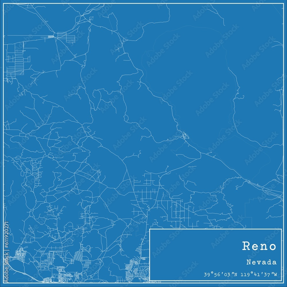 Blueprint US city map of Reno, Nevada.