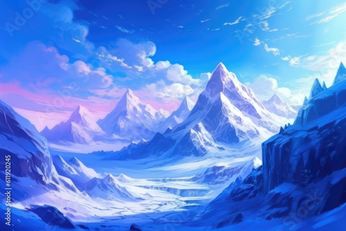 snowy mountains blue winter landscape illustration Generative AI