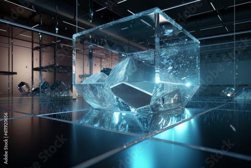 Decorative glass crystal polygonal glass square at the floor made with generative Ai