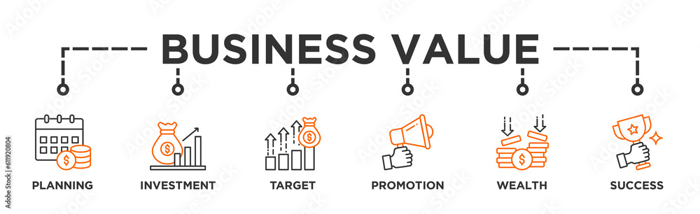 Business Value banner web icon vector illustration concept with icon of investment, planning, target, promotion, wealth, success Business Value banner web icon vector illustration concept with icon of investment, planning, target, promotion, wealth, success