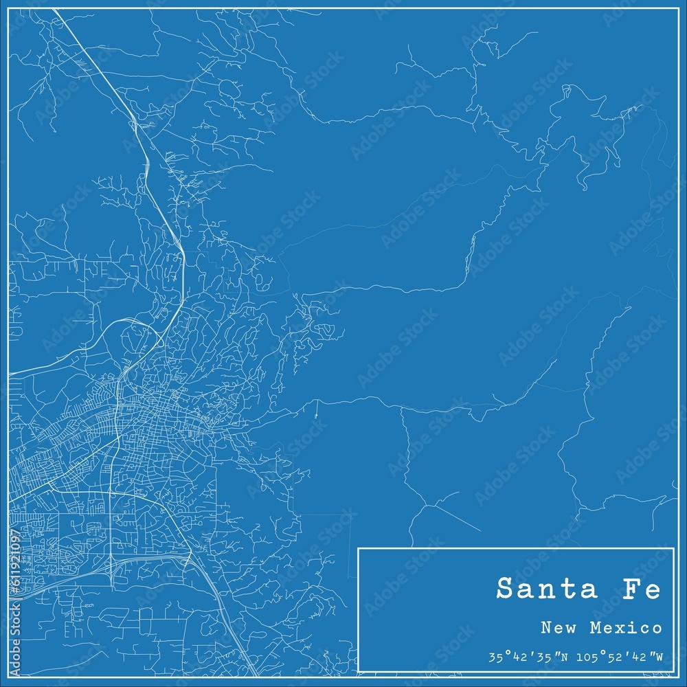 Blueprint US city map of Santa Fe, New Mexico.