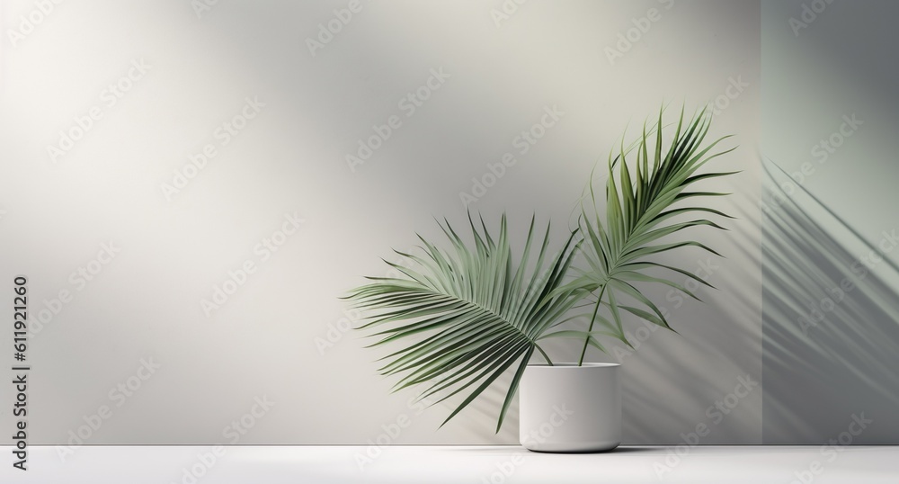 Blank clean polished gray wall and floor, green palm tree in white pot in dappled sunlight, shadow for luxury interior design decoration, product display background, Generative ai Blank clean polished gray wall and floor, green palm tree in white pot in dappled sunlight, shadow for luxury interior design decoration, product display background, Generative ai