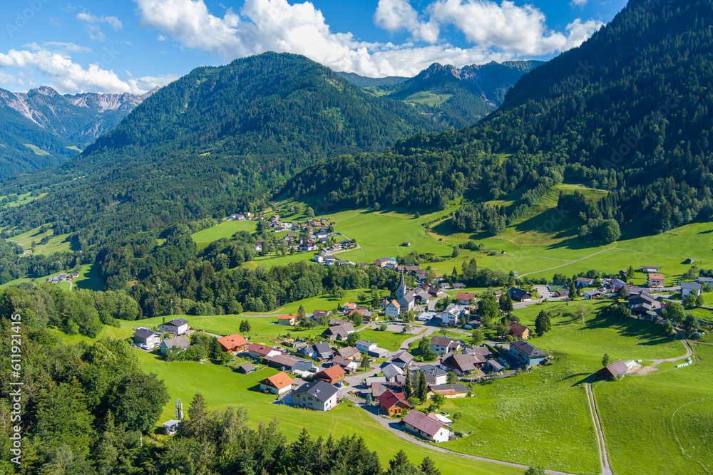 The village of Gurtis by Nenzing, Walgau Valley, State of Vorarlberg, Austria. Drone Photography