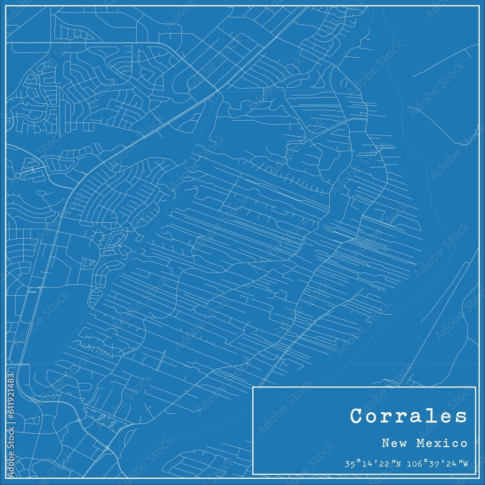 Blueprint US city map of Corrales, New Mexico.