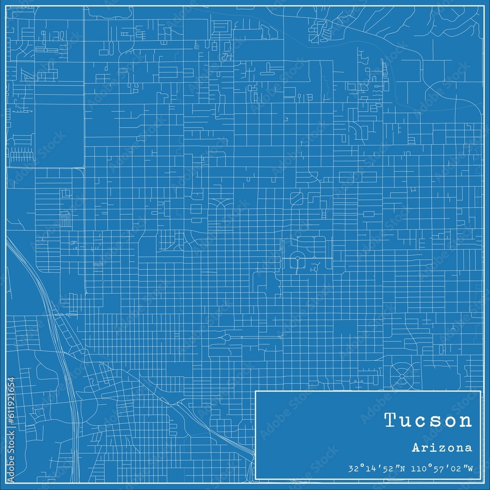 Blueprint US city map of Tucson, Arizona. Blueprint US city map of Tucson, Arizona.