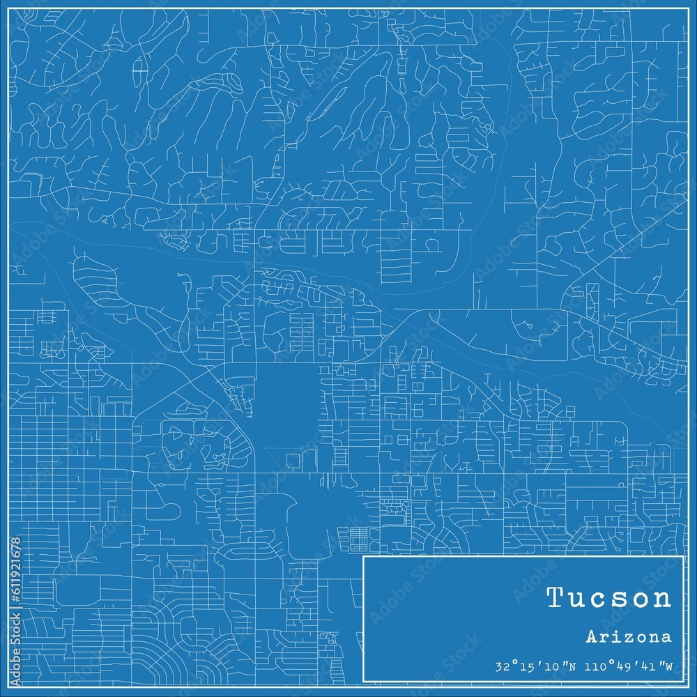 Blueprint US city map of Tucson, Arizona.