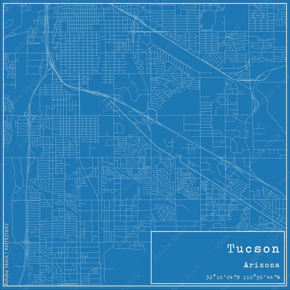 Blueprint US city map of Tucson, Arizona. Blueprint US city map of Tucson, Arizona.