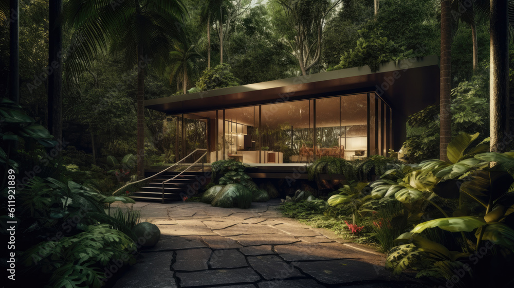 Generative ai illustration of modernist-looking house in a green paradise Generative ai illustration of modernist-looking house in a green paradise