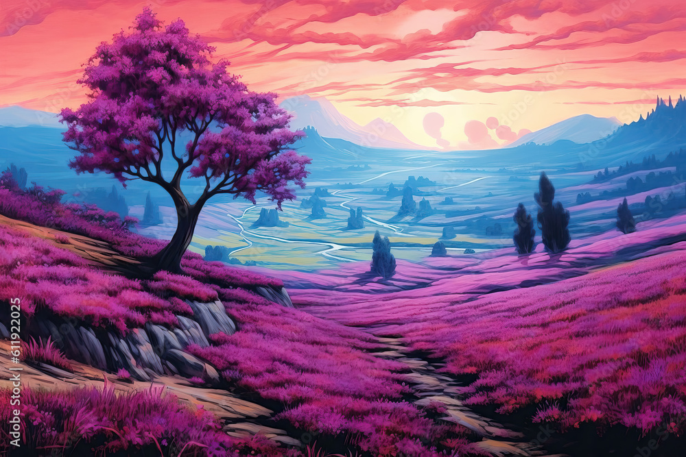 Fairy tale landscape of bright purple blooming landscape. - obrazy, fototapety, plakaty 