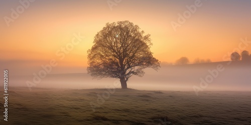 Solitary Tree in Misty Dawn Background - AI Generated