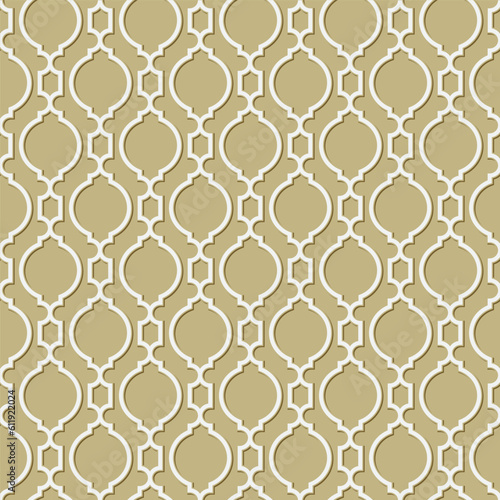 3D seamless vector. Wall paper pattern background. Cross-curved cage pattern around gold floor
