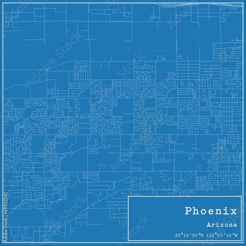 Blueprint US city map of Phoenix, Arizona.