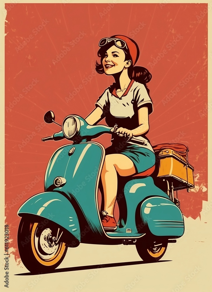 Vintage retro poster, woman on a moped. Advertising poster 50s, 60s, coffee sale. Grunge poster